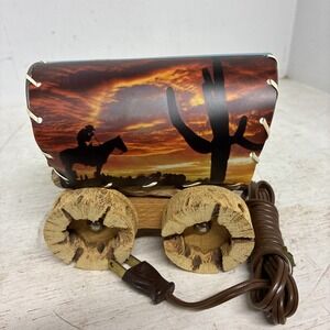Vintage Cholla Cactus Covered Wagon Lamp Working Wild Horses And Cowboy Scene